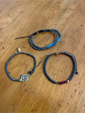 Karma and Luck Set of 3 Beaded Wrap Bracelets in Hematite, Turquoise & Red